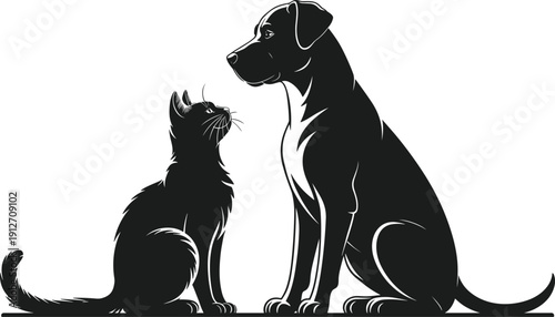 Cute fluffy cat and loyal dog silhouette together, black pet illustration, friendship concept, domestic animal vector line art