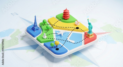 Travel destinations around the world map with famous landmarks connected by dotted lines on a puzzle board