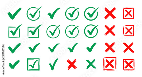 hand drawn green checkmarks and red crosses brush stroke and outlined styles ideal for illustrating approval denial and choices.