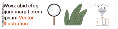 Data processing, research, SEO, analysis method, search technology, digital automation. Magnifying glass, charts binary funnel graphic. Data processing and research concept