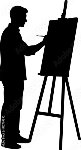 Artist standing at an easel with a brush painting silhouette isolated on white background minimalist creative hobby and fine art illustration