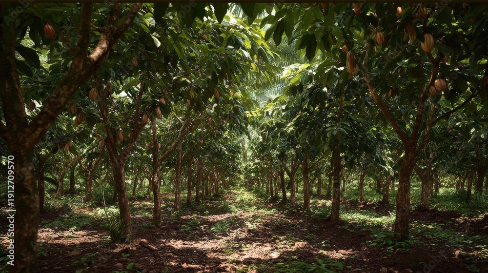 Fototapeta premium Sustainable cocoa agroforestry with shade trees in Ghana