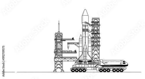 Space Rocket on Launch Pad Line Art Illustration.
