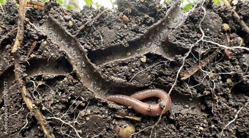 Earthworm in rich soil with roots and organic matter