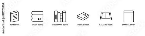 Book reading banner with minimal line icons featuring notebook, closed book, bookshelf, book stack, open book, and textbook. Clean black and white design suitable for website headers, online library