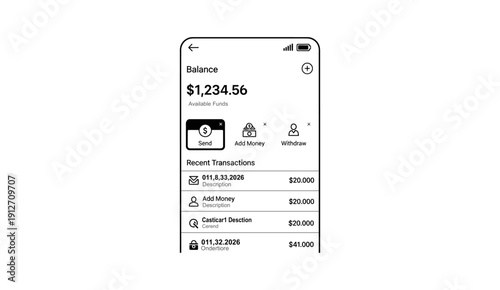 Mobile banking application interface with balance and transactions.