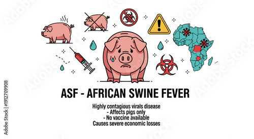 African Swine Fever (ASF) medical infographic with pig icons and Africa map.