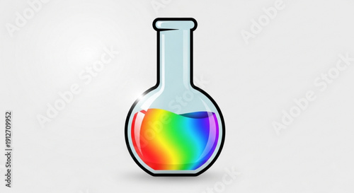 Colorful rainbow liquid in a glass laboratory flask with black outline on white background