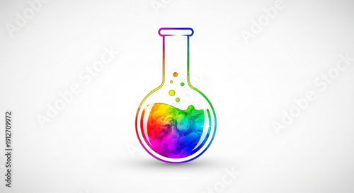 Colorful erlenmeyer flask with rainbow liquid and bubbles on white background for science and chemistry concepts