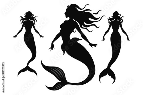 A vector illustration of silhouettes featuring dancing girls, a lady with her horse, and a black dragon tattoo symbol with flowing hair and fashion art design