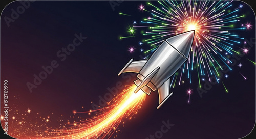 Silver rocket ship blasting off into a vibrant fireworks display at night with a bright orange trail