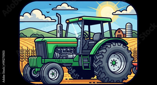 Green tractor driving through sunny farmland with barn and silo in background