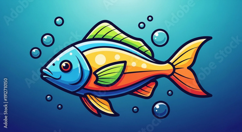 Vibrant cartoon fish swimming underwater with bubbles colorful aquatic scene with blue background