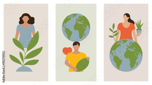 Vertical banners showing people taking care of earth globe and growing plants