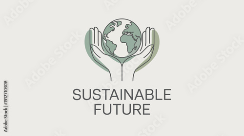 Sustainable future text with earth globe held in cupped hands line art design