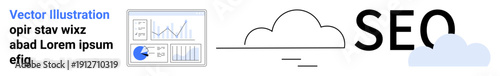 Analytics dashboard, cloud element, bold SEO text. Ideal for digital marketing, content strategy, brand visibility, online growth, website optimization, search engines simple landing page