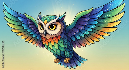 Vibrant colorful owl in flight with spread wings against a gradient sky background
