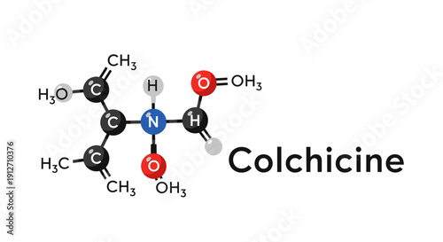 Molecular structure of Colchicine, a medication used to treat gout and Behçet's disease. Stylized chemical formula with carbon, nitrogen, and oxygen atoms.