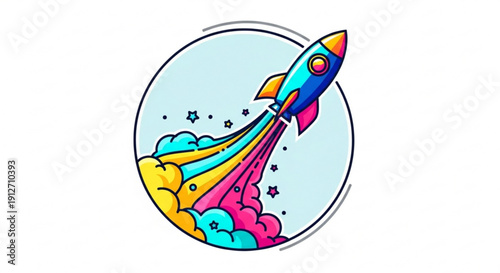 Colorful rocket ship blasting off into the sky with vibrant clouds and stars