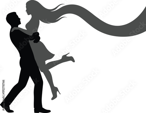 Romantic couple silhouette with flowing hair, man lifting woman, love emotion concept, passion, relationship, black and white illustration