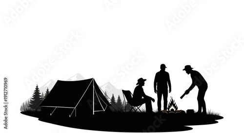 Silhouette of three people camping around a campfire with a tent nearby.