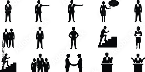 Business Professional Silhouettes Set Highlighting Team Leadership Handshakes Public Speaking Career Growth Achievement Corporate Success Meeting Poses And Human Resource Icons