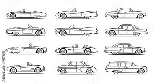 Collection of various vintage classic convertible cars in line art style.
