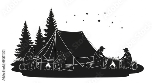 Camping scene with tent, people, and trees under a starry night sky.