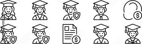 Education Insurance and Student Loan Icon Set Featuring Graduates with Shields Financial Aid Documents and Currency Symbols for University Funding and Academic Protection Concepts