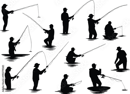 Collection of fisherman silhouettes fishing in water with rods and reels for outdoor hobby leisure recreation and sporting graphic design elements