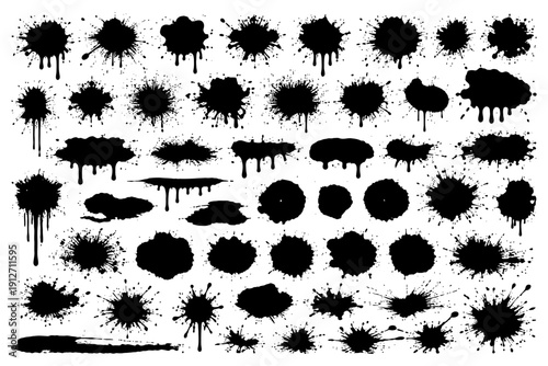 Assorted black ink splatter set on white background.