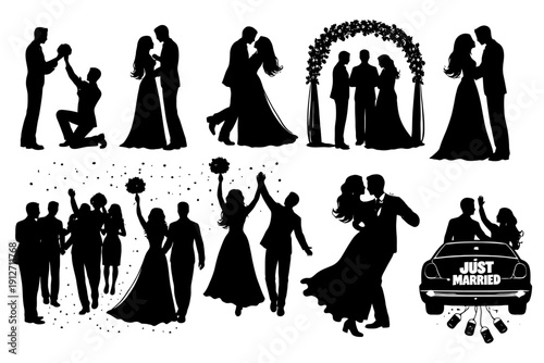 Silhouette bride and groom wedding celebrations and just married scenes.