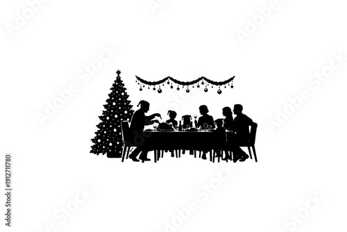 Family gathering around christmas tree with festive dinner celebration.