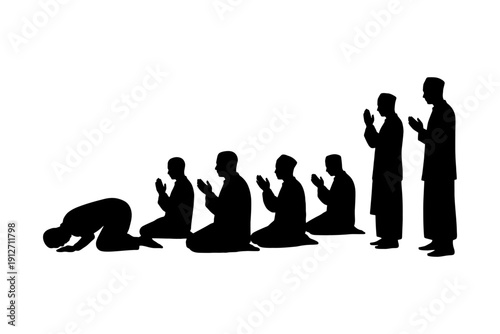 Silhouette of men praying in congregation.