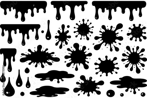 Various black paint splatters and drips collection on white background.
