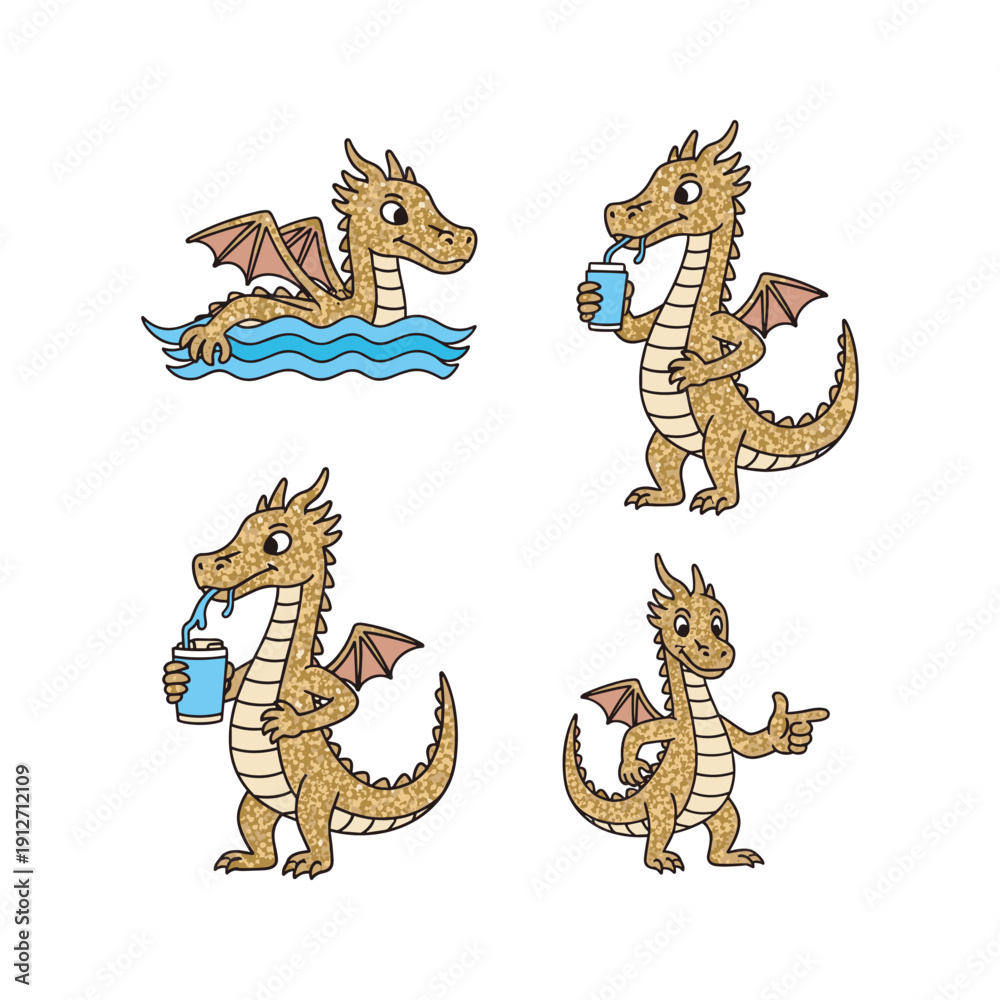 Fototapeta premium Cartoon dragons drinking water in various poses with copy space