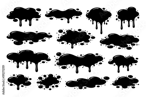 Dripping black ink paint splatters on white background.