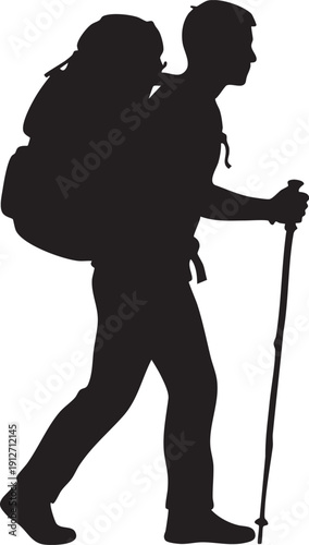 Hiker with walking stick and large backpack silhouette isolated on white background minimalist backpacking and mountain trekking adventure illustration
