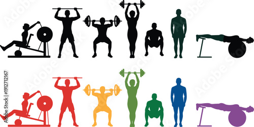 Fitness People Silhouettes Exercising and Weightlifting Set, Gym Workout, Athletic Training, Health and Wellness, Bodybuilding and Strength Training Vector Illustration Bundle