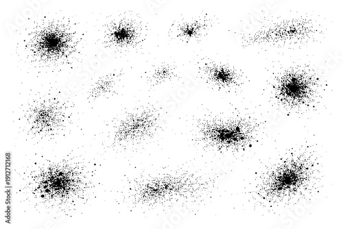 Abstract black ink splatters on white background.