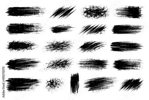 Collection of black grunge brush stroke textures.