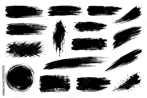 Artistic black brush strokes collection on white background.