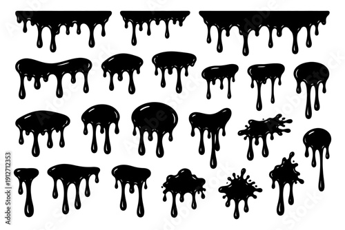 Set of black dripping paint splatter designs.