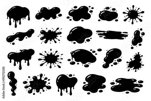 Collection of black ink splatter blots drips and drops on white background.