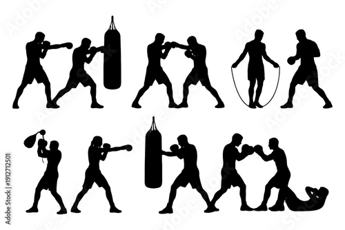 Silhouette of male boxers training with punching bags and skipping rope.