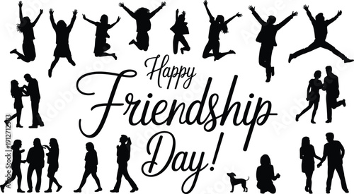 Happy Friendship Day Silhouette Vector Collection Featuring Joyful Friends Jumping Celebrating Togetherness and Diverse People Socializing With Pets and Each Other