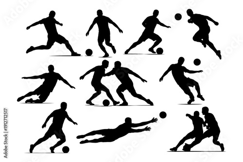 Dynamic silhouettes of soccer players in action.