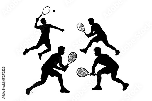 Silhouettes of male tennis players in dynamic action poses.