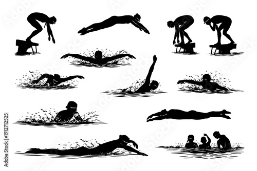 Silhouettes of swimmers in various poses and styles in water competitions.