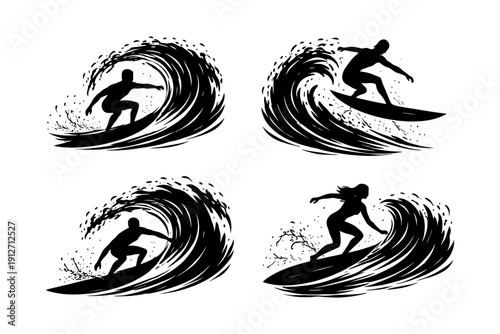 Silhouette surfers riding waves set - male and female.
